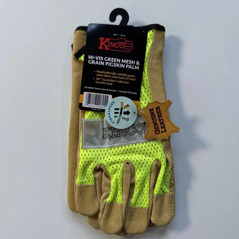 Lot of 2 KINCO Work Gloves Hi-Vis Mesh Grain Pigskin & Palm Sandy Finish PVC Lrg